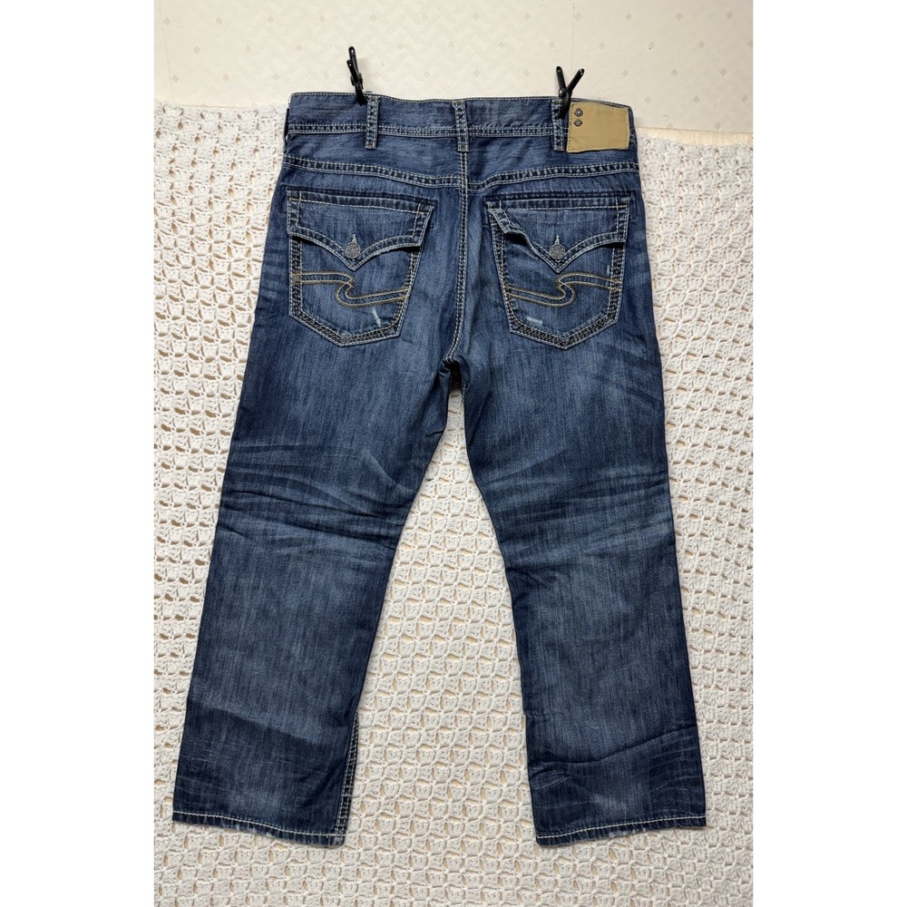 Silver Gordie Jeans Mens 36x30 Blue Denim Loose Fit Straight Embroidery Pockets